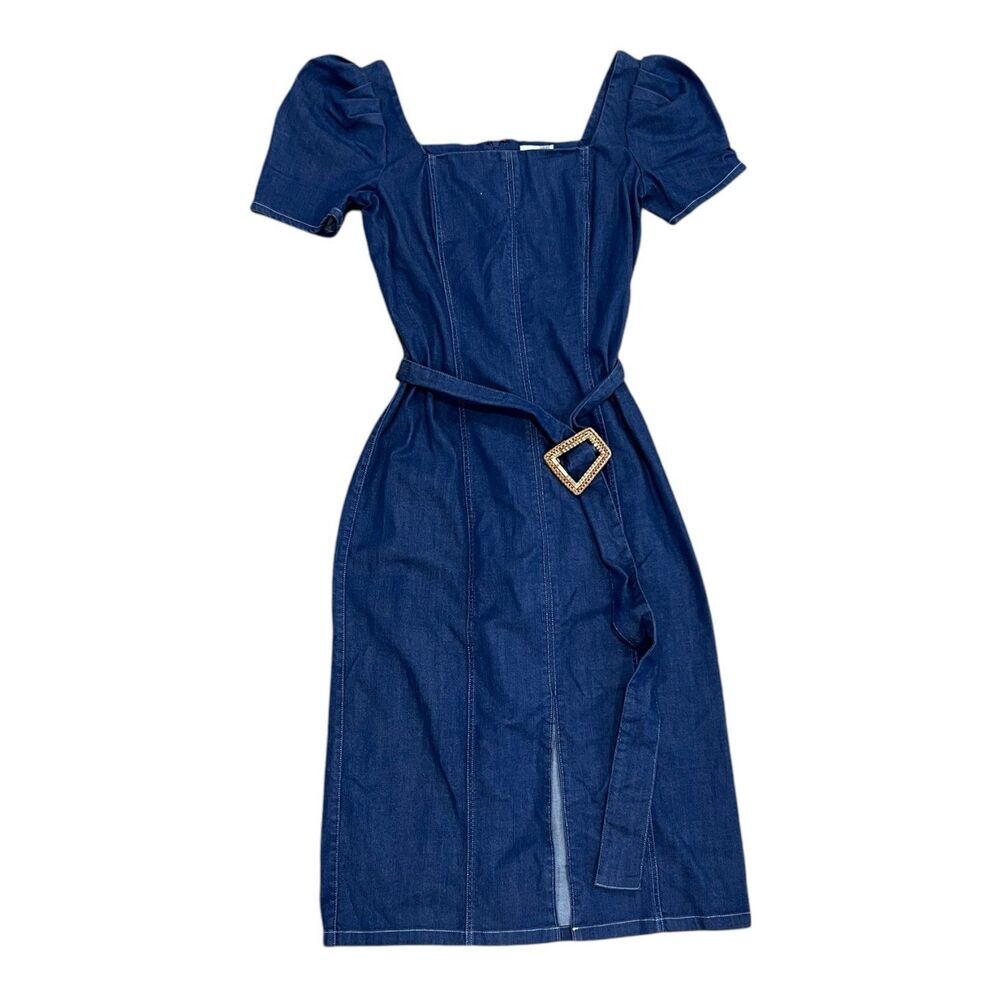 Shoshanna Blue Denim Candelaria Midi Front Slit Dress 4 - Picture 2 of 5